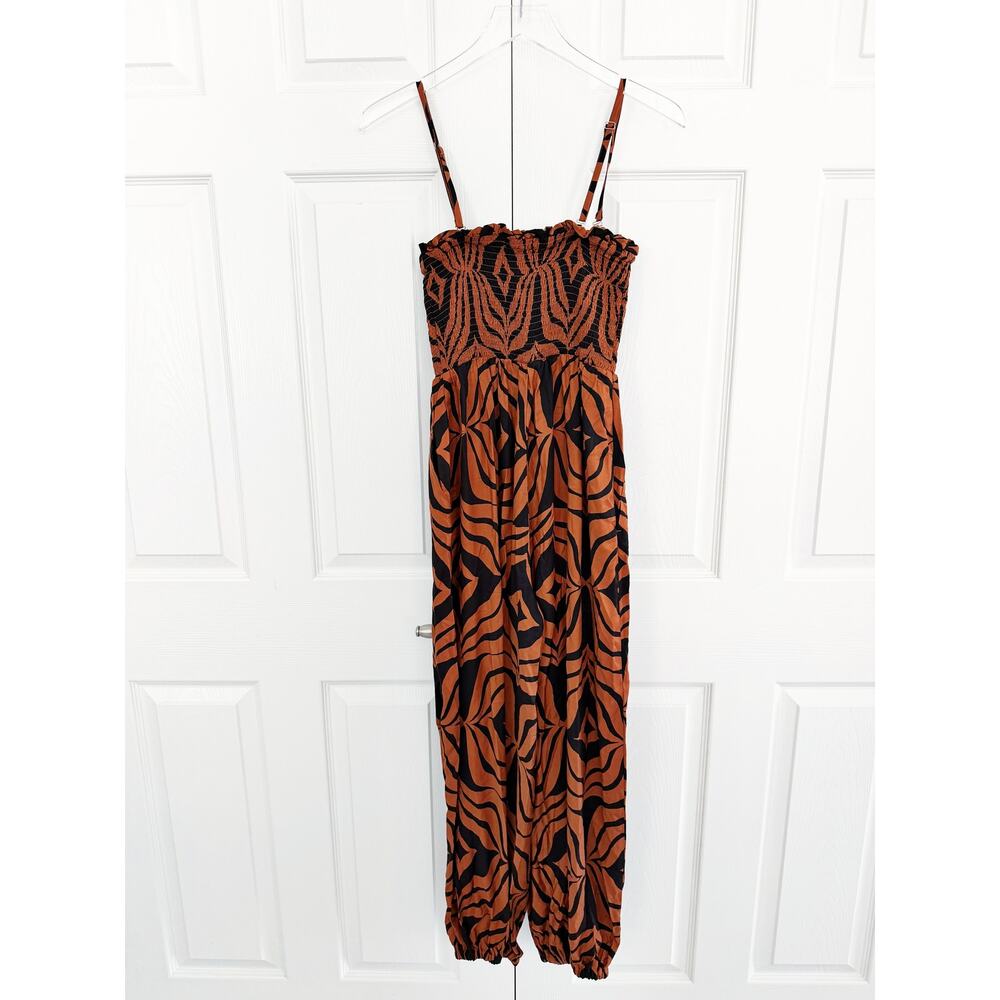 Anthropologie Printed Balloon Leg Jumpsuit Rust Black Smocked Boho Chic Resort - Picture 9 of 9